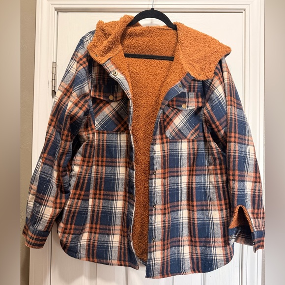 Jackets & Blazers - Sherpa-Lined Plaid Shacket Jacket - Navy & Rust Orange